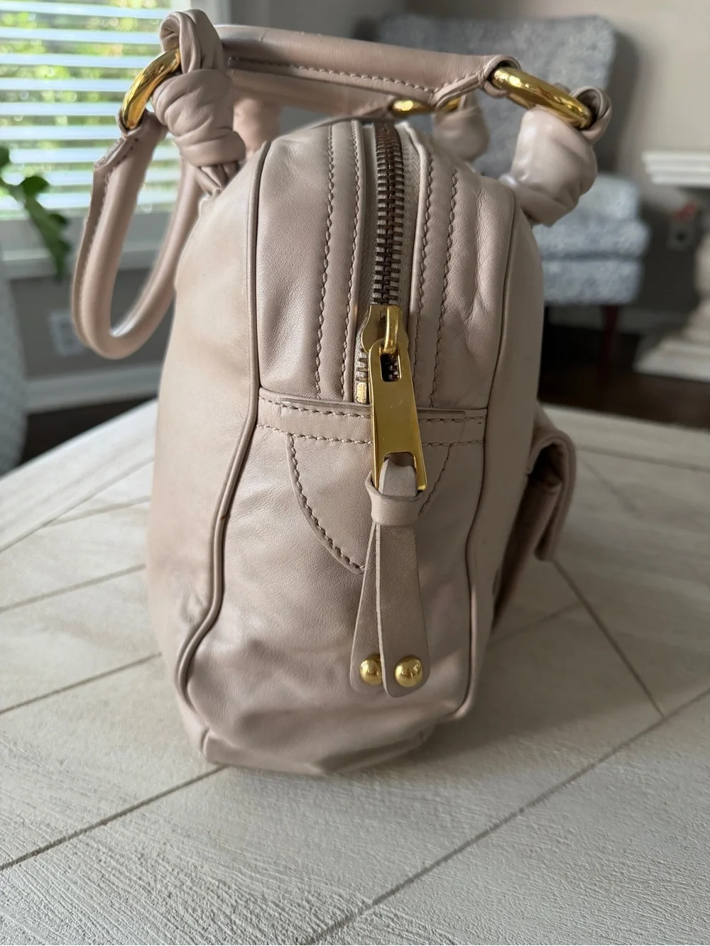 Marc Jacobs Ivory Leather Satchel Gold Hardware Double Pocket Purse Bag